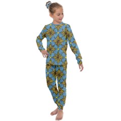 Gold Abstract Flowers Pattern At Blue Background Kids  Long Sleeve Set 