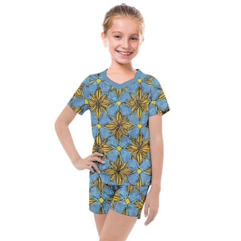 Gold Abstract Flowers Pattern At Blue Background Kids  Mesh Tee And Shorts Set by Casemiro