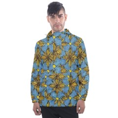 Gold Abstract Flowers Pattern At Blue Background Men s Front Pocket Pullover Windbreaker