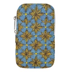 Gold Abstract Flowers Pattern At Blue Background Waist Pouch (small) by Casemiro