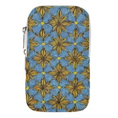 Gold Abstract Flowers Pattern At Blue Background Waist Pouch (large) by Casemiro