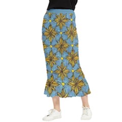 Gold Abstract Flowers Pattern At Blue Background Maxi Fishtail Chiffon Skirt by Casemiro