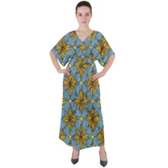 Gold Abstract Flowers Pattern At Blue Background V-neck Boho Style Maxi Dress by Casemiro