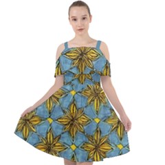 Gold Abstract Flowers Pattern At Blue Background Cut Out Shoulders Chiffon Dress by Casemiro