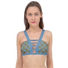 Gold Abstract Flowers Pattern At Blue Background Cage Up Bikini Top by Casemiro