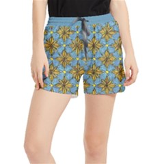 Gold Abstract Flowers Pattern At Blue Background Women s Runner Shorts by Casemiro