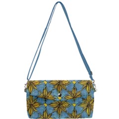 Gold Abstract Flowers Pattern At Blue Background Removable Strap Clutch Bag by Casemiro