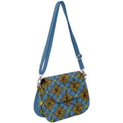 Gold Abstract Flowers Pattern At Blue Background Saddle Handbag by Casemiro