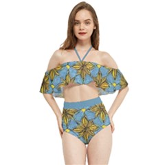 Gold Abstract Flowers Pattern At Blue Background Halter Flowy Bikini Set  by Casemiro