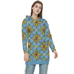 Gold Abstract Flowers Pattern At Blue Background Women s Long Oversized Pullover Hoodie