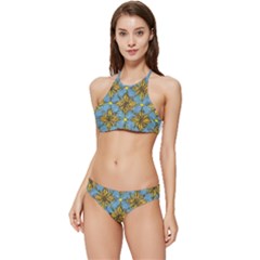 Gold Abstract Flowers Pattern At Blue Background Banded Triangle Bikini Set by Casemiro