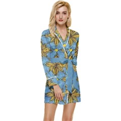 Gold Abstract Flowers Pattern At Blue Background Long Sleeve Satin Robe by Casemiro