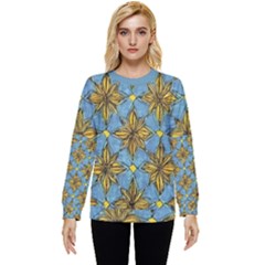 Gold Abstract Flowers Pattern At Blue Background Hidden Pocket Sweatshirt