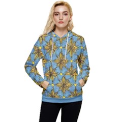 Gold Abstract Flowers Pattern At Blue Background Women s Lightweight Drawstring Hoodie