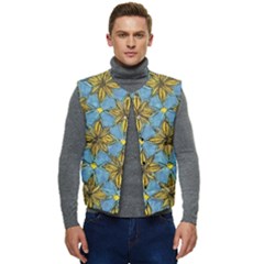 Gold Abstract Flowers Pattern At Blue Background Men s Button Up Puffer Vest	