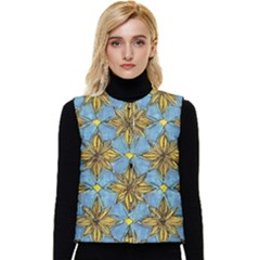 Gold Abstract Flowers Pattern At Blue Background Women s Button Up Puffer Vest