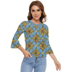 Gold Abstract Flowers Pattern At Blue Background Bell Sleeve Top