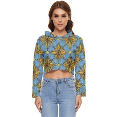 Gold Abstract Flowers Pattern At Blue Background Women s Lightweight Cropped Hoodie by Casemiro