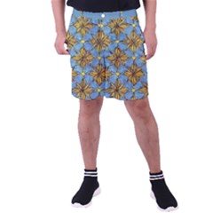 Gold Abstract Flowers Pattern At Blue Background Men s Pocket Shorts by Casemiro