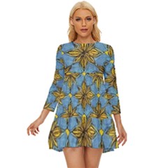 Gold Abstract Flowers Pattern At Blue Background Long Sleeve Babydoll Dress by Casemiro