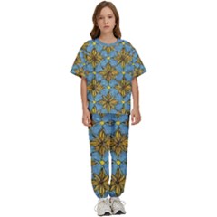 Gold Abstract Flowers Pattern At Blue Background Kids  Tee And Pants Sports Set by Casemiro