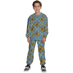 Gold Abstract Flowers Pattern At Blue Background Kids  Sweatshirt Set