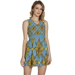 Gold Abstract Flowers Pattern At Blue Background Sleeveless High Waist Mini Dress by Casemiro