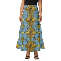 Gold Abstract Flowers Pattern At Blue Background Tiered Ruffle Maxi Skirt by Casemiro