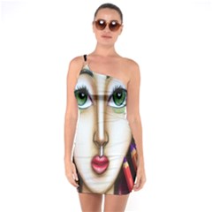 Woman Sketch Design One Shoulder Ring Trim Bodycon Dress