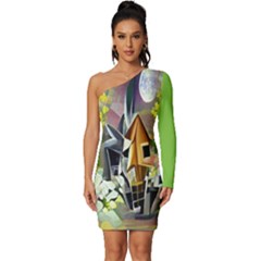 House Painting Long Sleeve One Shoulder Mini Dress by Trending