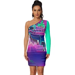 Ship Digital Art Long Sleeve One Shoulder Mini Dress