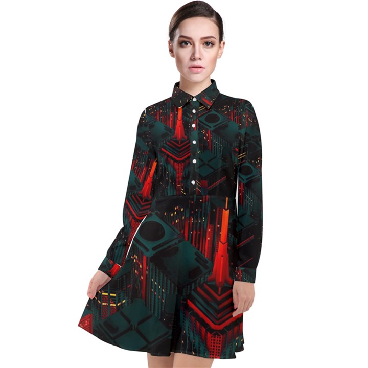 A Dark City Vector Long Sleeve Chiffon Shirt Dress