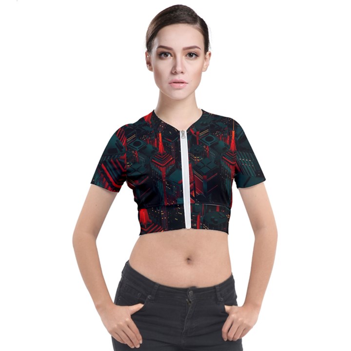 A Dark City Vector Short Sleeve Cropped Jacket