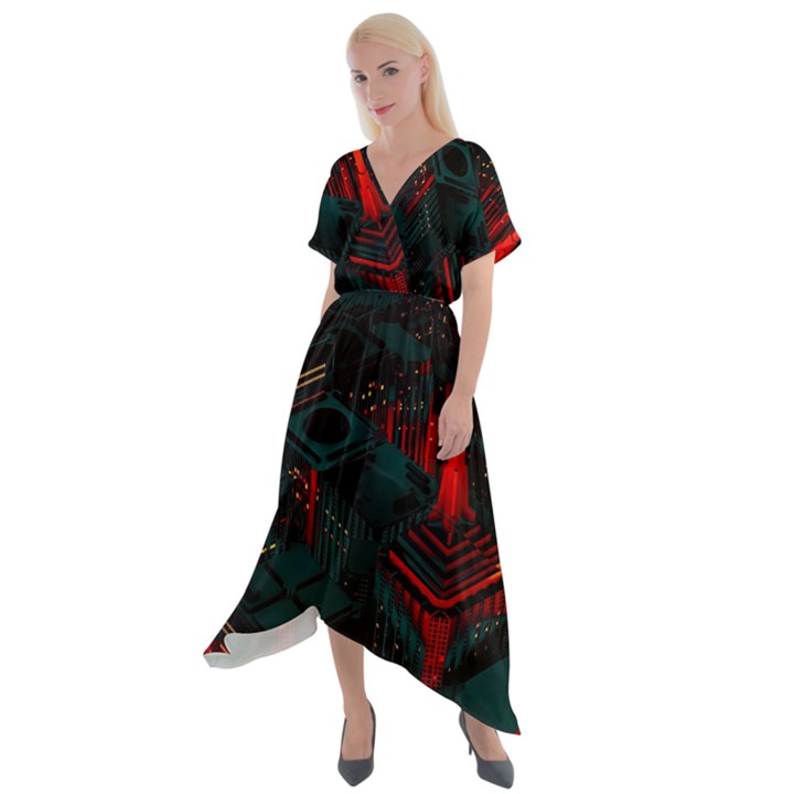 A Dark City Vector Cross Front Sharkbite Hem Maxi Dress