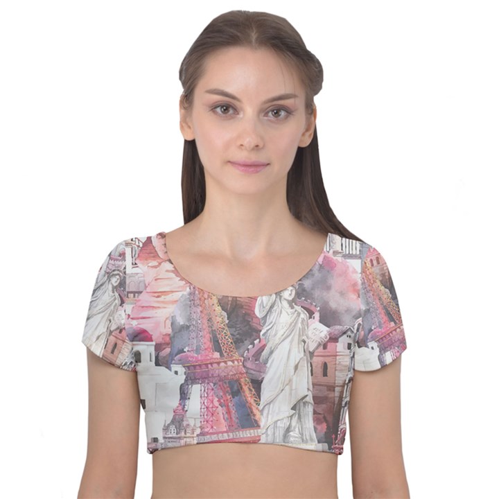 Vintage Landmarks Travel Velvet Short Sleeve Crop Top 