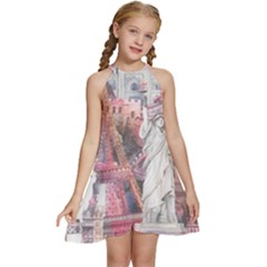 Vintage Landmarks Travel Kids  Halter Collar Waist Tie Chiffon Dress