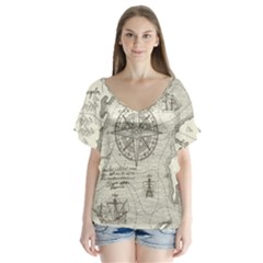 Vintage World Map Antique V-neck Flutter Sleeve Top by Proyonanggan