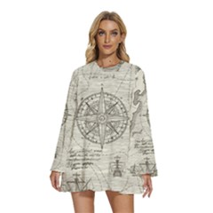 Vintage World Map Antique Round Neck Long Sleeve Bohemian Style Chiffon Mini Dress by Proyonanggan