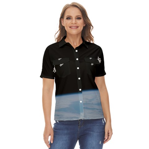 Amazing Stunning Astronaut Amazed Women s Short Sleeve Double Pocket Shirt by Proyonanggan