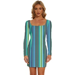 Color Stripes Long Sleeve Square Neck Bodycon Velvet Dress