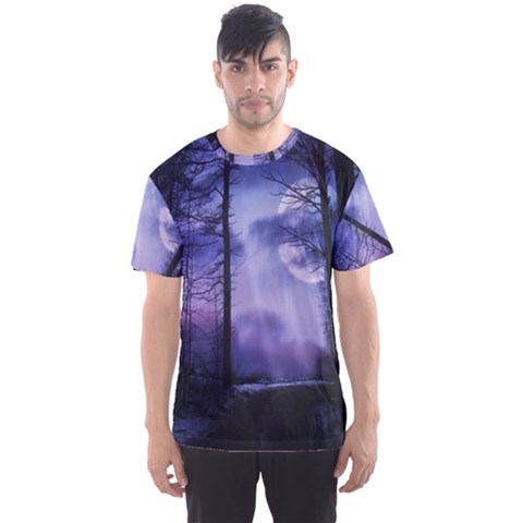 Moonlit A Forest At Night With A Full Moon Men s Sport Mesh Tee by Proyonanggan