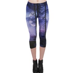 Moonlit A Forest At Night With A Full Moon Capri Leggings  by Proyonanggan