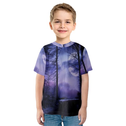 Moonlit A Forest At Night With A Full Moon Kids  Sport Mesh Tee by Proyonanggan