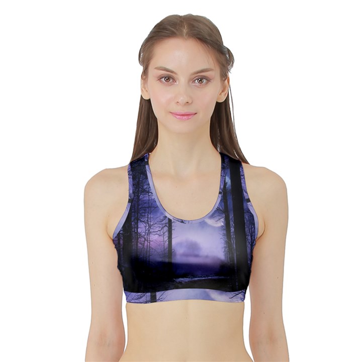 Moonlit A Forest At Night With A Full Moon Sports Bra with Border