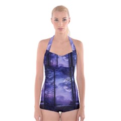 Moonlit A Forest At Night With A Full Moon Boyleg Halter Swimsuit  by Proyonanggan