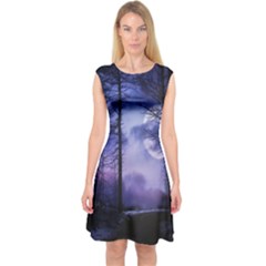 Moonlit A Forest At Night With A Full Moon Capsleeve Midi Dress by Proyonanggan