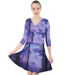 Moonlit A Forest At Night With A Full Moon Quarter Sleeve Front Wrap Dress by Proyonanggan