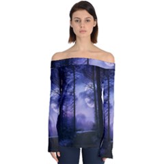 Moonlit A Forest At Night With A Full Moon Off Shoulder Long Sleeve Top