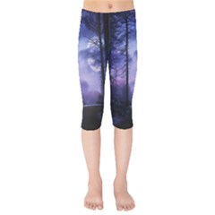 Moonlit A Forest At Night With A Full Moon Kids  Capri Leggings 