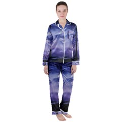 Moonlit A Forest At Night With A Full Moon Women s Long Sleeve Satin Pajamas Set	